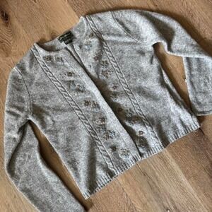 Eddie Bauer Grey wool cardigan with embroidered flowers and cable knit Size S
